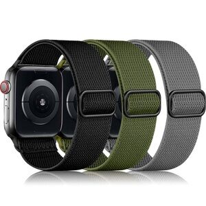 3 Pack Stretchy Solo Loop Apple Watch Band Sport Nylon Braided, Black Green Gray